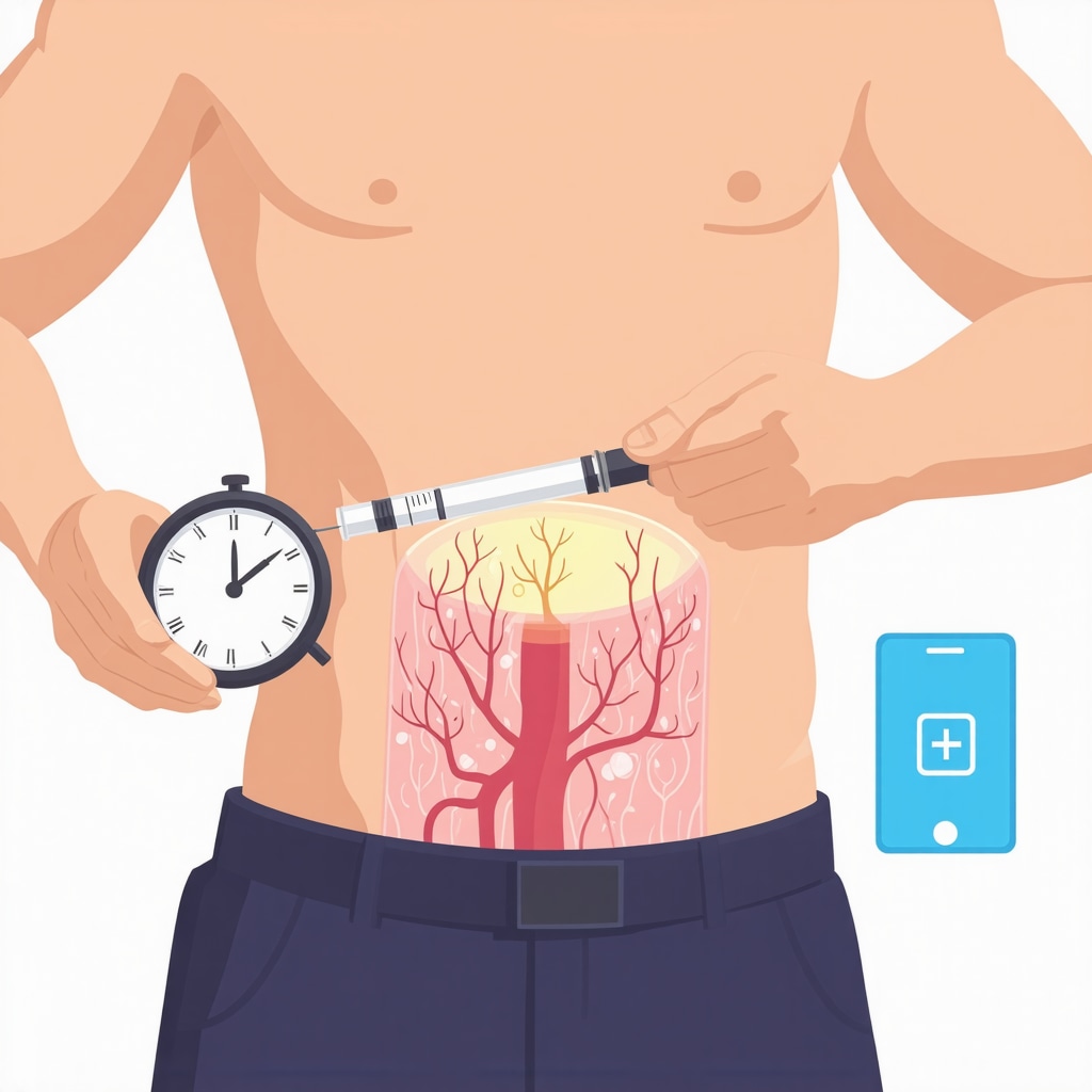 Illustration of semaglutide injection in abdomen with clock and blood vessel overlay, plus digital health app icons