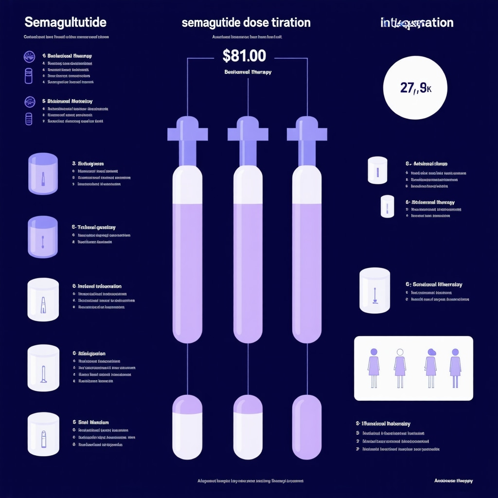 Infographic depicting semaglutide dose titration, behavioral interventions, and digital health innovations for personalized weight loss