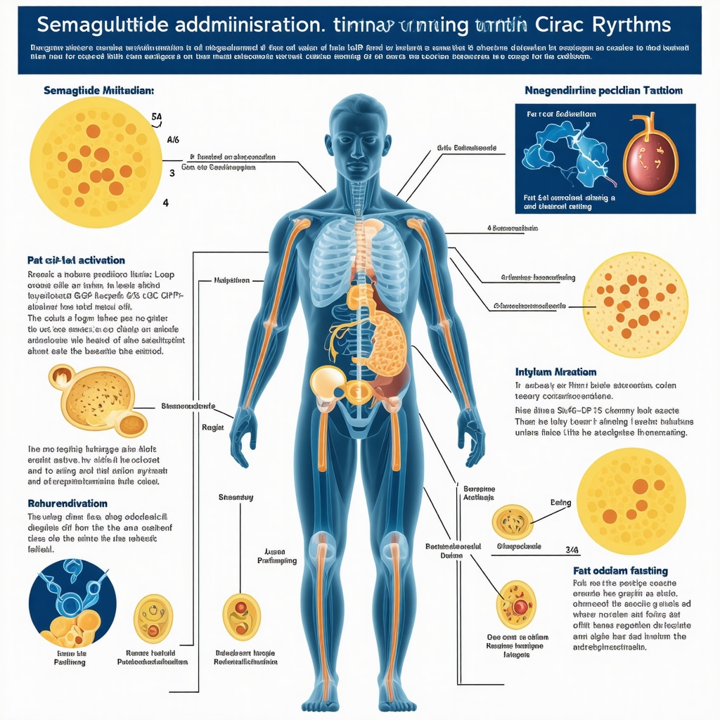 Infographic showing semaglutide timing aligned with circadian biology and its effects on metabolic pathways during intermittent fasting