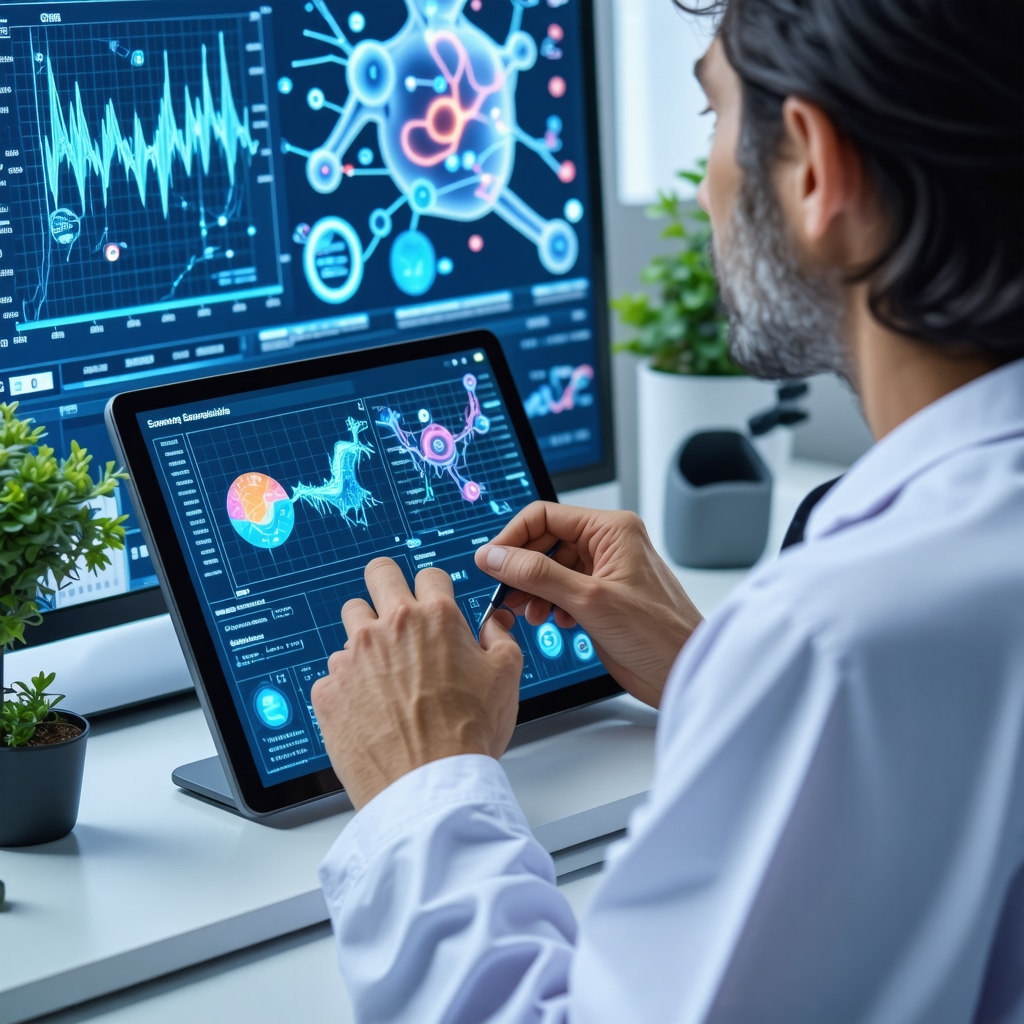 Doctor reviewing digital health metrics and microbiome illustration to optimize semaglutide treatment