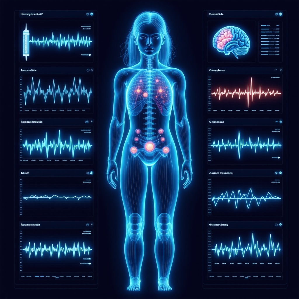 Illustration of a digital health dashboard showing semaglutide injections, glucose levels, exercise tracking, and brain activity for personalized obesity treatment