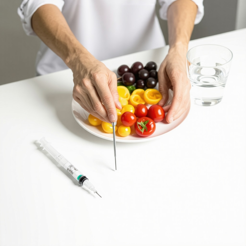 Person preparing a nutritious meal beside a semaglutide injection pen and water glass