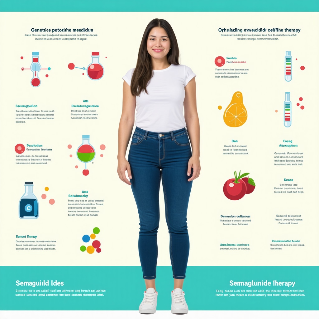 Infographic illustrating genetics, metabolism, and behavioral health integration in semaglutide treatment