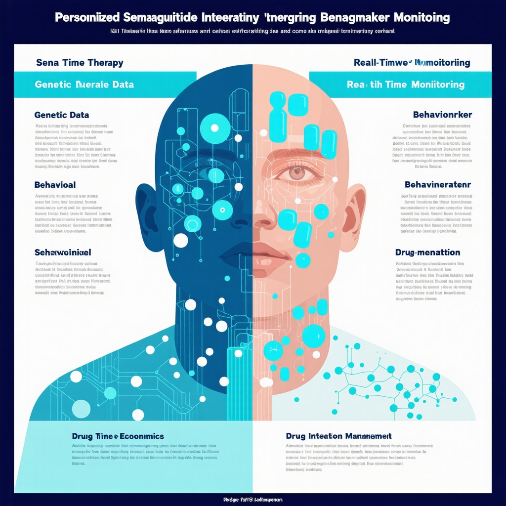 Infographic illustrating personalized semaglutide treatment combining pharmacogenomics, biomarker-driven dosing, behavioral adherence strategies, and drug interaction monitoring