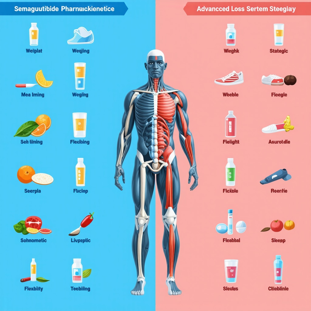 Diagram showing semaglutide drug levels over time, meal timing windows, metabolic pathways, and lifestyle factors influencing weight loss