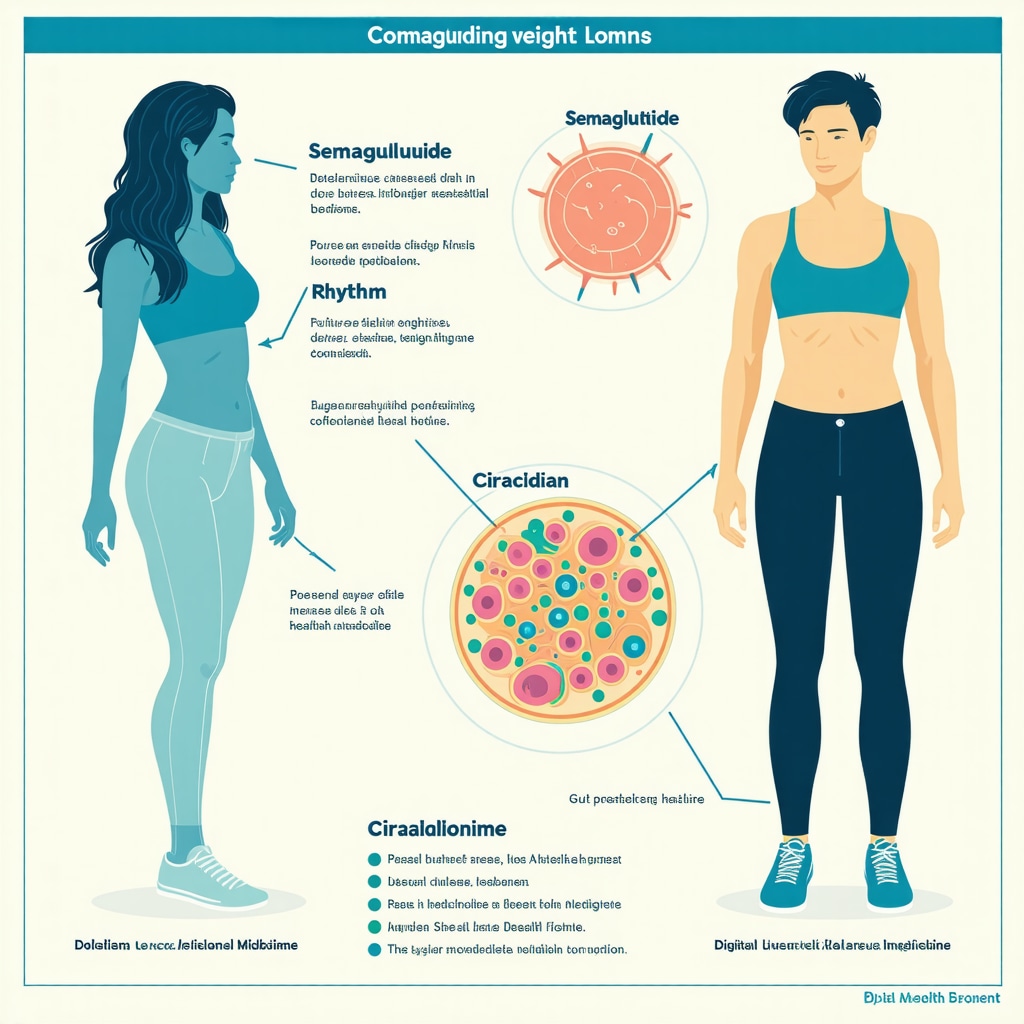 Diagram showing semaglutide's mechanism influenced by circadian biology and microbiome with digital therapeutics overlay