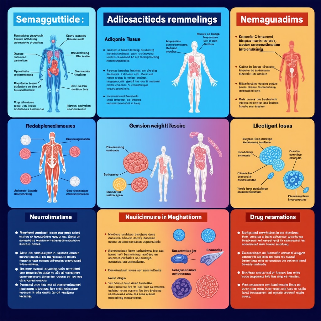 Infographic showing semaglutide's effects on adipose tissue, genetics, neuroimmune system, and lifestyle synergy for weight loss