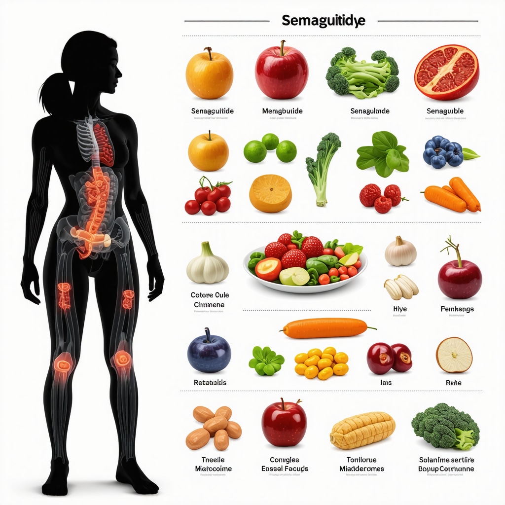 Diagram showing semaglutide effects, gut microbiota, nutrient timing, and genetic factors in weight management