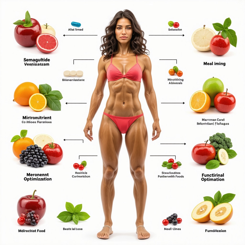 Diagram showing how semaglutide therapy is enhanced by specific diet strategies like meal timing and micronutrient-rich foods
