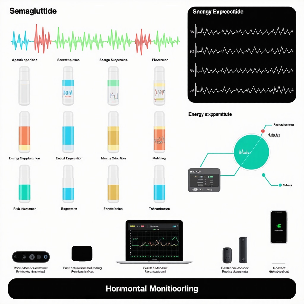 Infographic displaying Semaglutide's metabolic pathways, biomarker tracking, and clinical monitoring tools