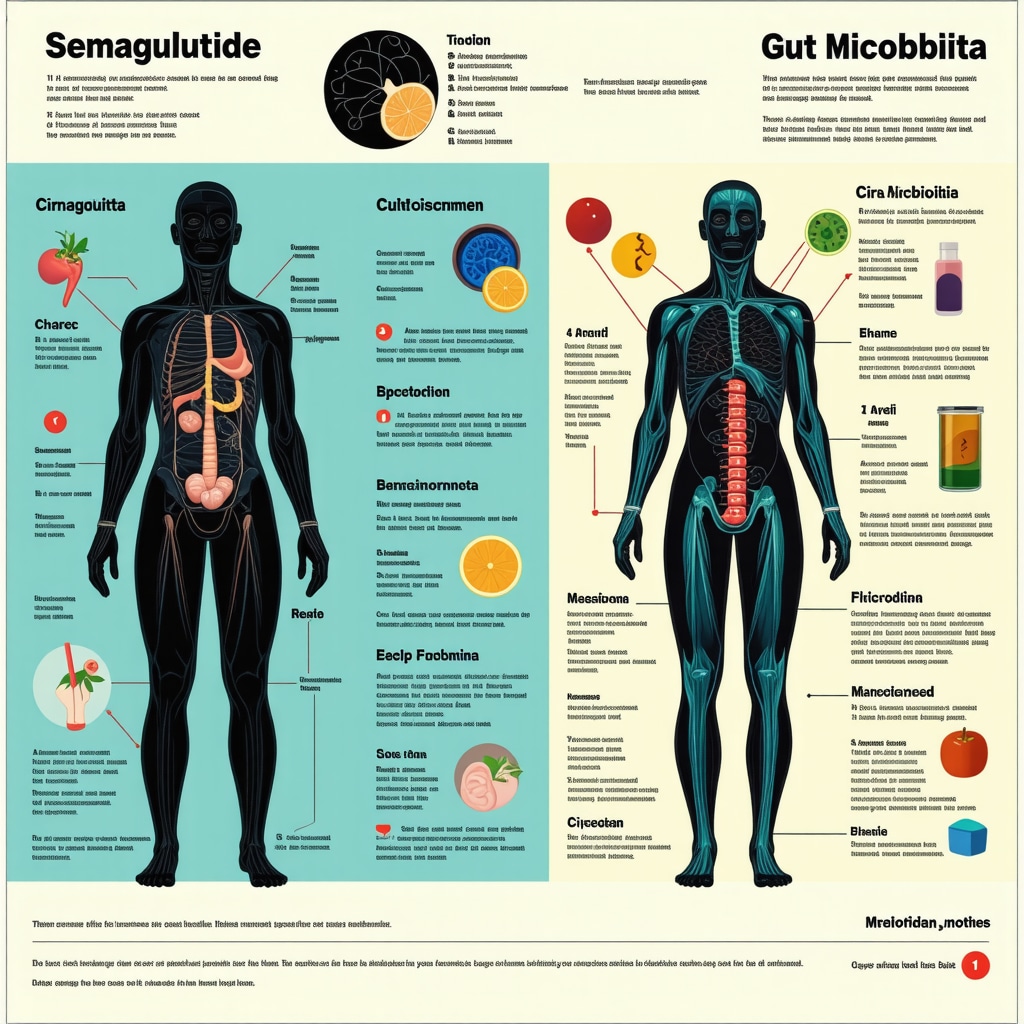 Diagram depicting semaglutide effects on gut microbiome and circadian rhythm-aligned meal timing for enhanced fat loss