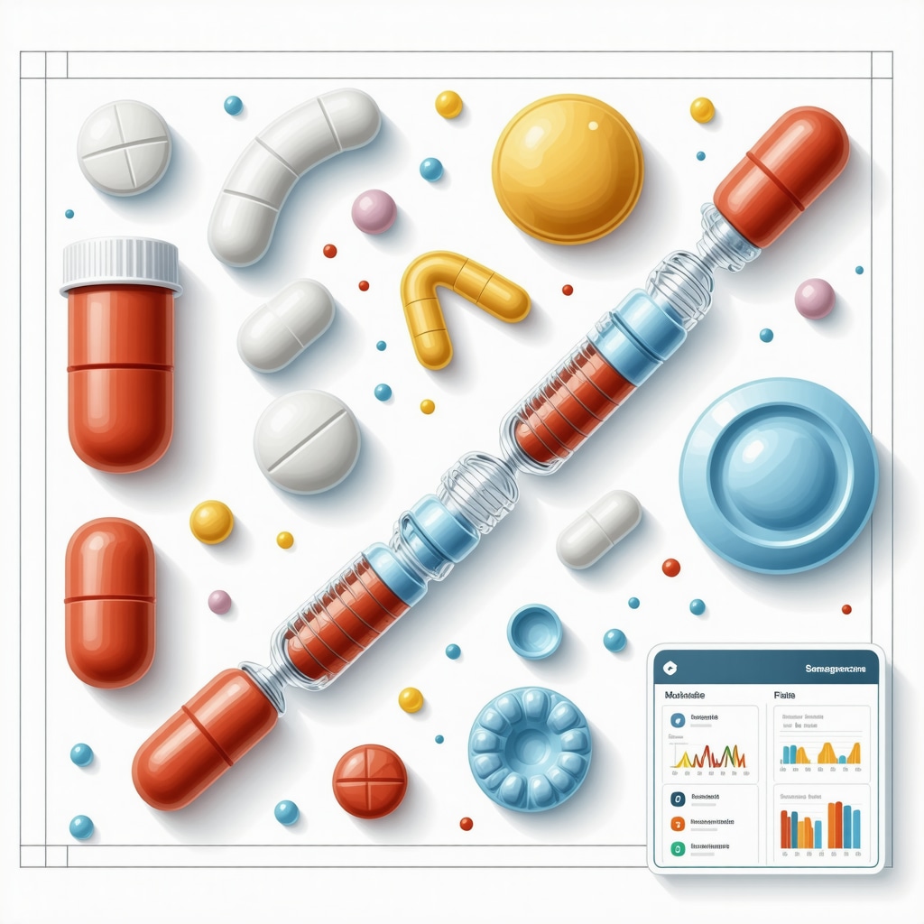 Diagram illustrating semaglutide oral, implantable, and transdermal delivery methods alongside DNA strands and digital health monitoring tools.