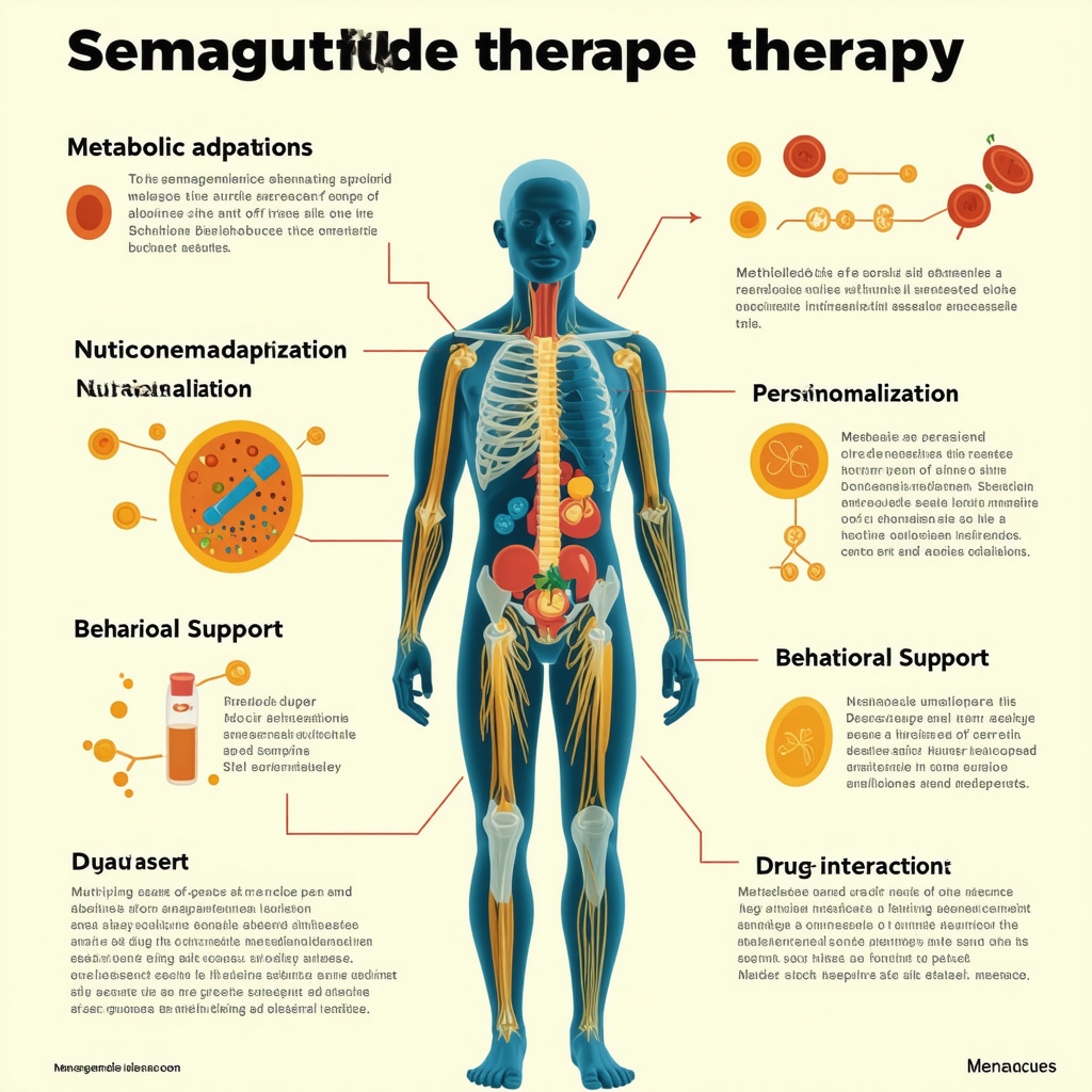 Infographic showing metabolic, genetic, behavioral, and pharmacological aspects of semaglutide treatment