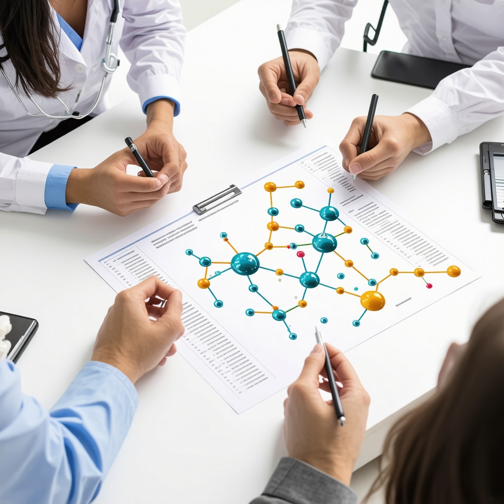 Healthcare professionals collaborating with semaglutide molecular imagery and metabolic pathway diagrams