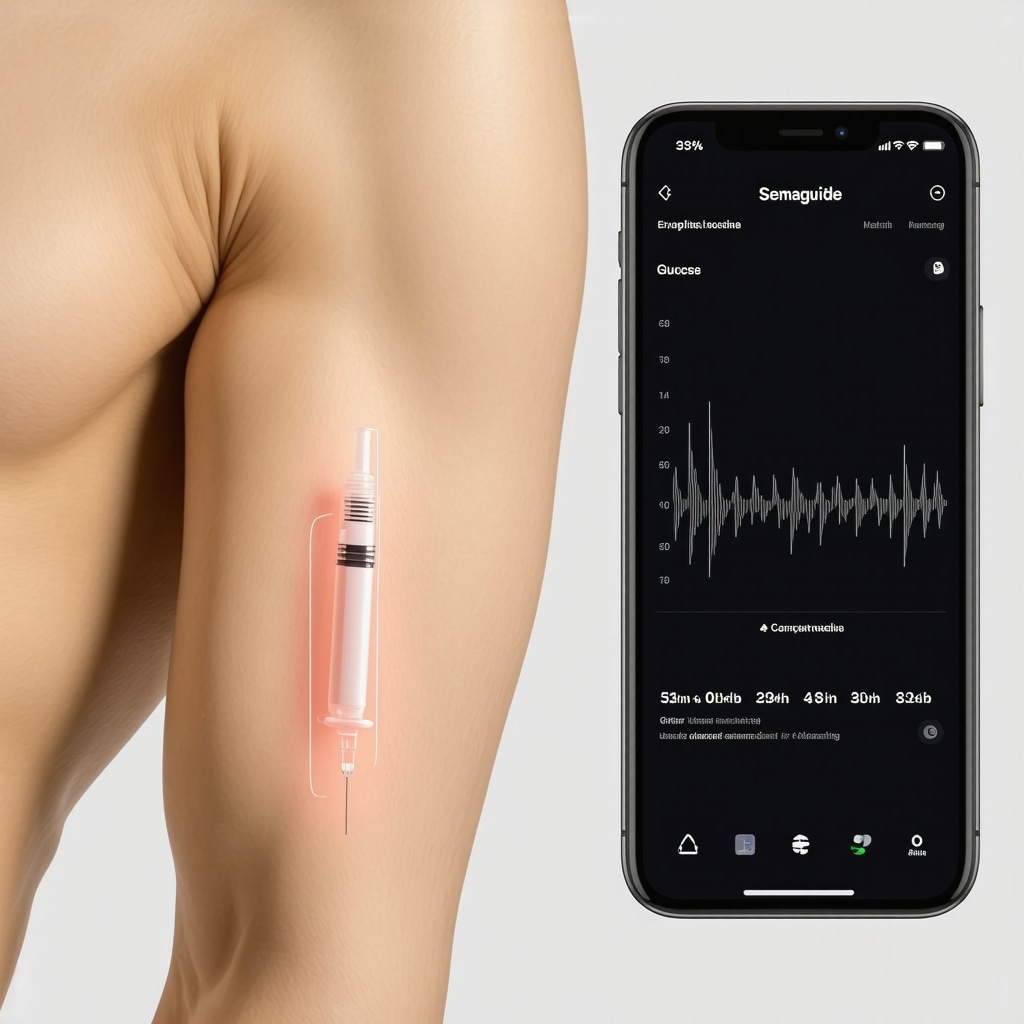 Medical illustration of semaglutide injection sites on arm with smartphone app showing injection and glucose monitoring data
