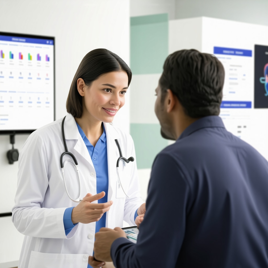 Healthcare professional explaining genetic data and digital adherence tools for semaglutide therapy