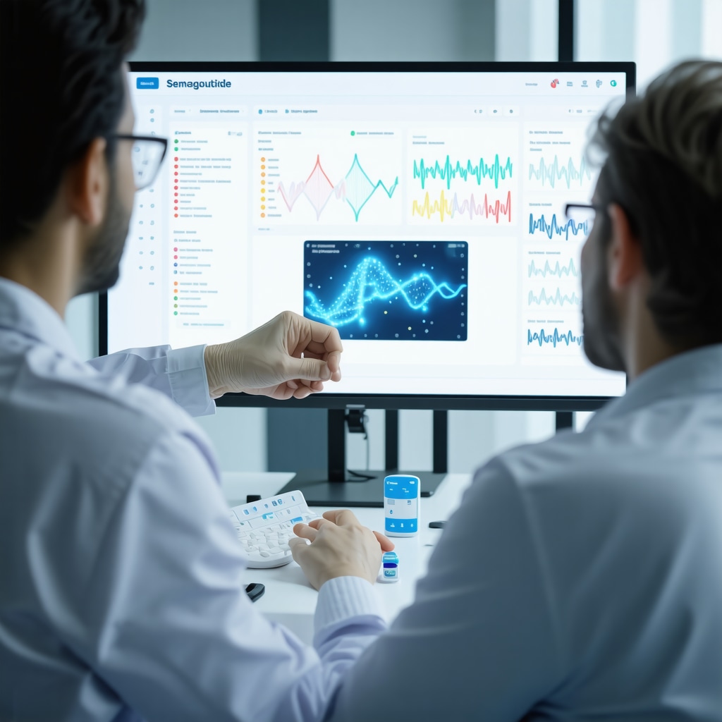 Doctor reviewing genetic data and wearable glucose monitor data for personalized semaglutide dosing