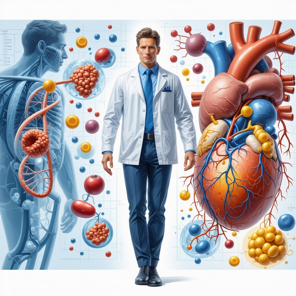 Medical illustration showing genetics, gut microbiome, and semaglutide interaction in weight loss and cardiometabolic health