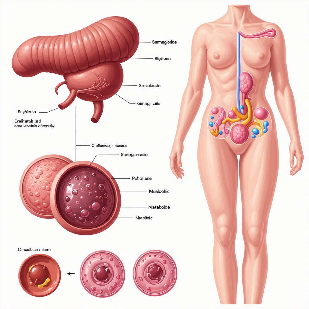 Diagram illustrating Semaglutide effects on gut microbiome and circadian rhythm to optimize fat loss