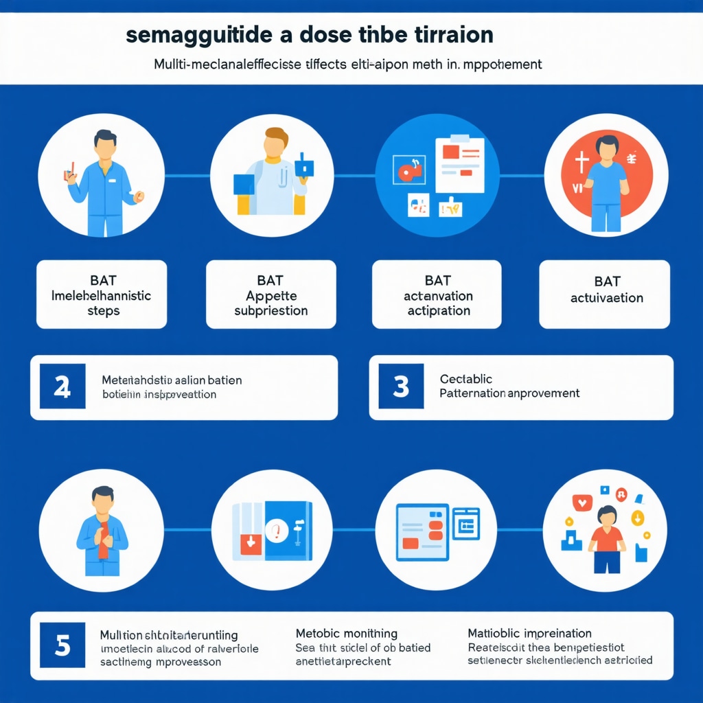 Infographic showing semaglutide dosing schedule, metabolic pathways, and multidisciplinary treatment team