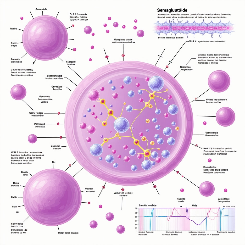 Medical illustration of semaglutide action on GLP-1 receptors with genetic and dosing information