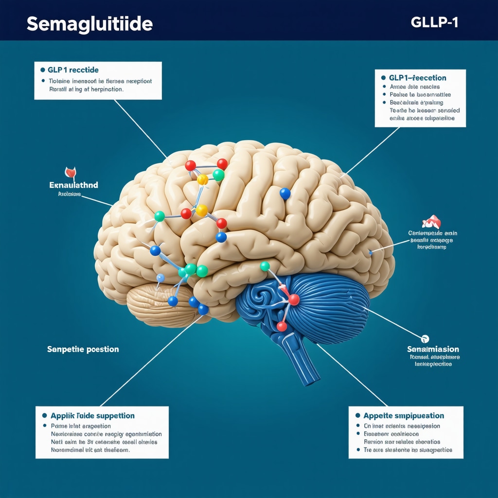 Infographic of semaglutide binding to GLP-1 receptors in the hypothalamus illustrating appetite suppression and metabolic effects
