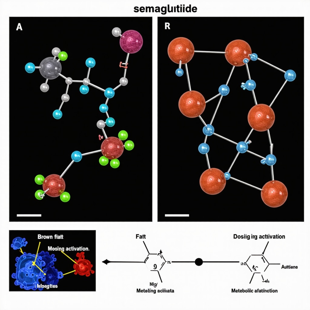 Diagram illustrating semaglutide molecule, dosing adjustments, and enhanced metabolic pathways including brown fat activation