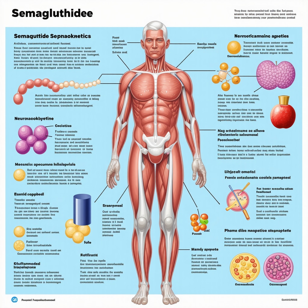 Infographic showing Semaglutide absorption, brain appetite control pathways, and combined obesity treatment approaches