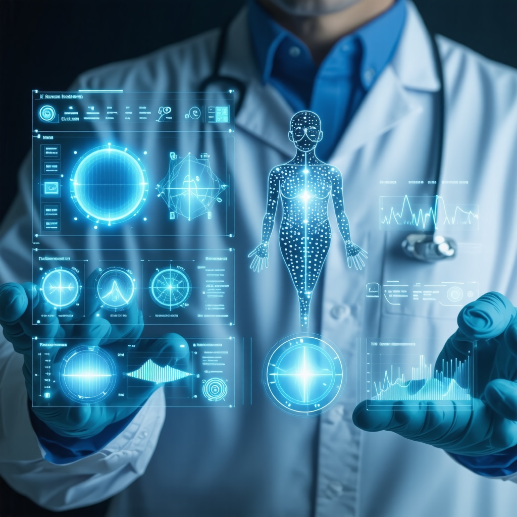 Futuristic medical interface showing genetic data and AI algorithms for personalized semaglutide dosing