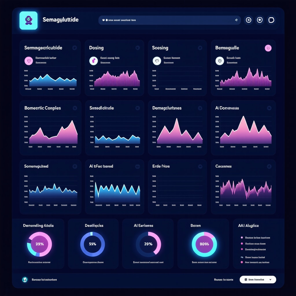 Futuristic digital health dashboard showing Semaglutide dosing schedules and biometric analytics for personalized weight loss