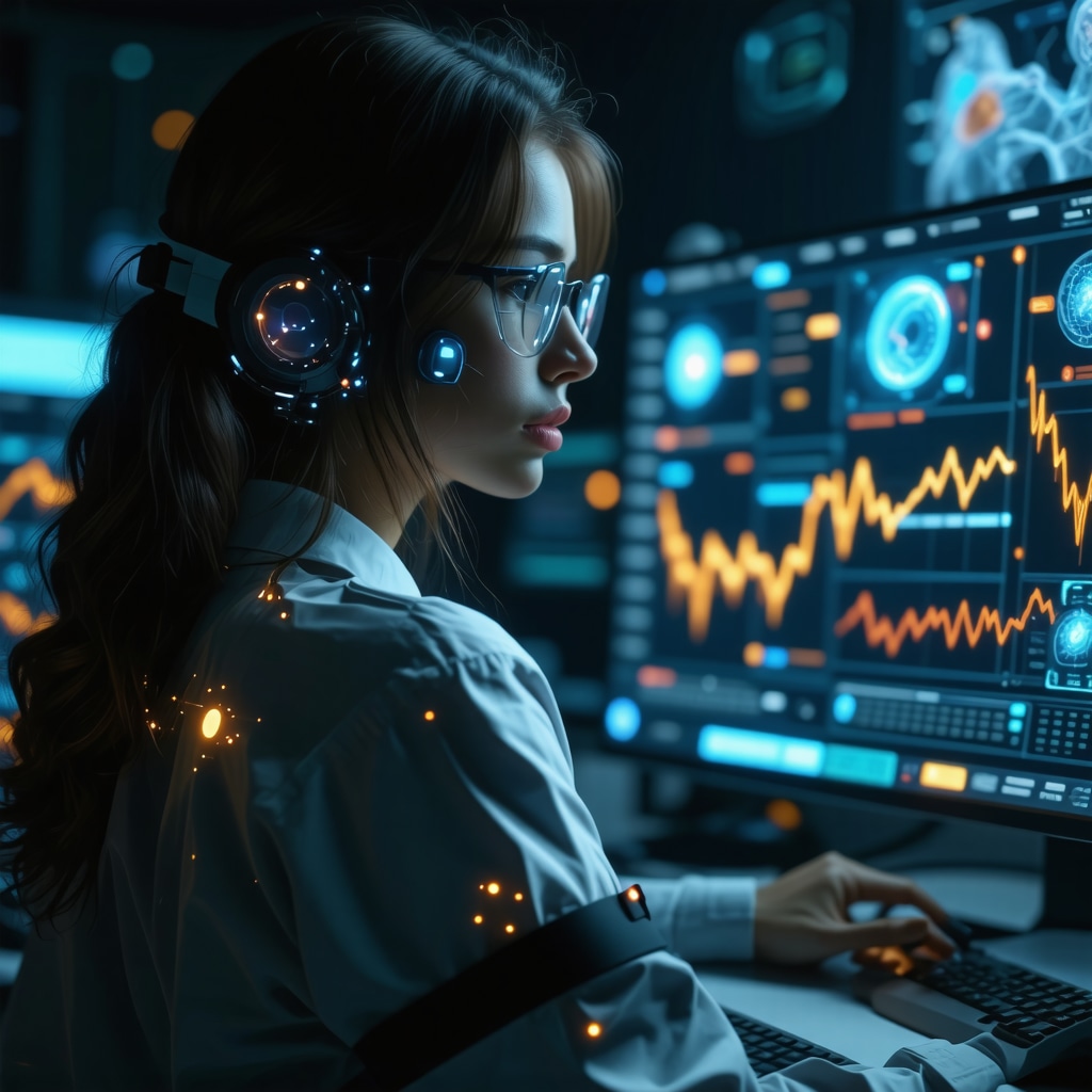 Patient wearing wearable biosensors connected to AI system for semaglutide dose optimization, with microbiome and metabolic data visualizations
