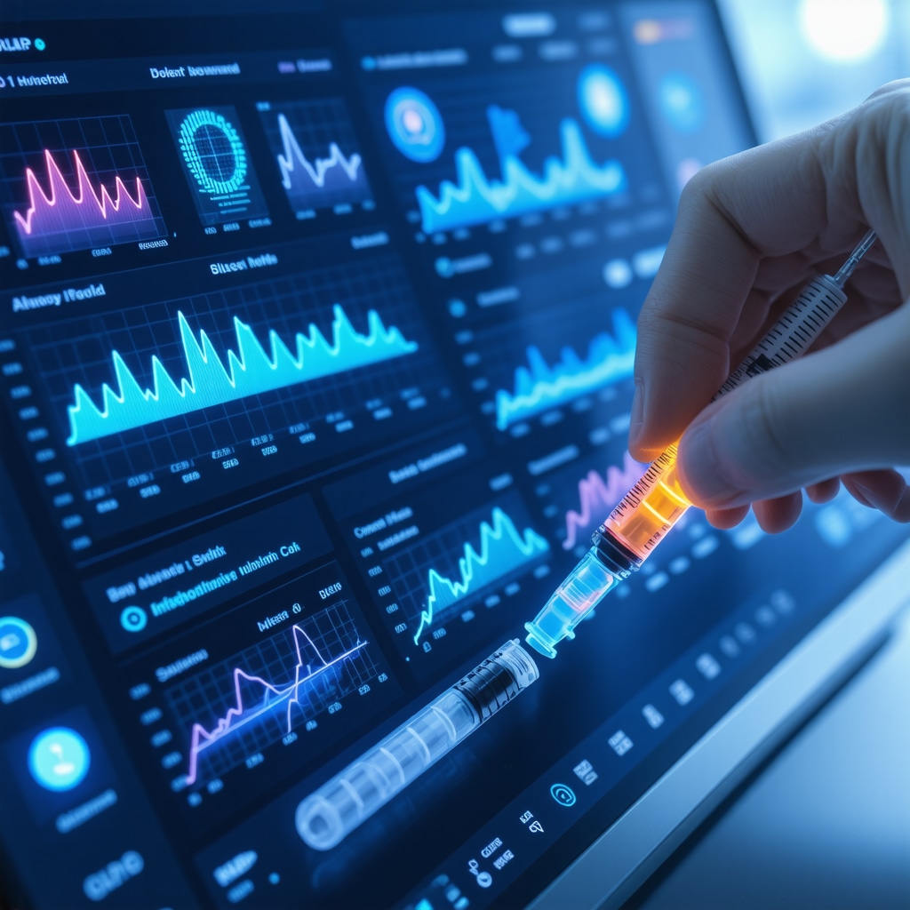 Digital dashboard displaying patient biometrics and semaglutide pharmacology concepts