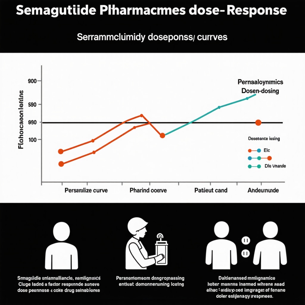 Infographic illustrating semaglutide dose-response curves, pharmacogenomics, and clinical dose optimization strategies