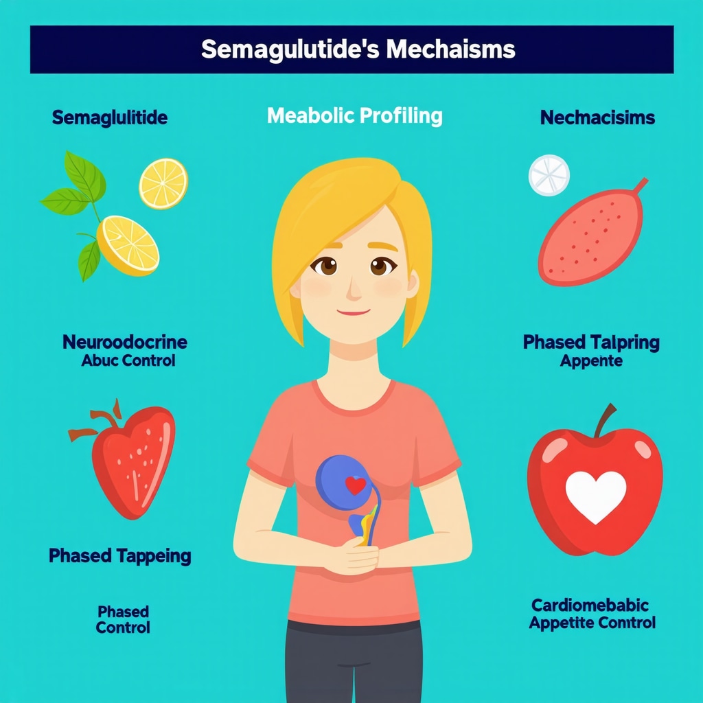 Infographic showing semaglutide's metabolic personalization, neuroendocrine effects, tapering strategies, and cardiometabolic benefits
