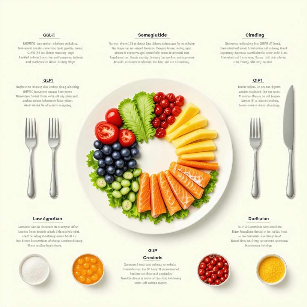 Infographic showing personalized semaglutide dosing, combination therapies, and optimal diet composition for enhanced weight loss