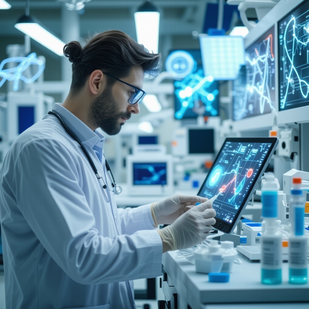 Healthcare professional monitoring patient metabolic biomarkers and genetic data for semaglutide treatment in a modern clinical environment