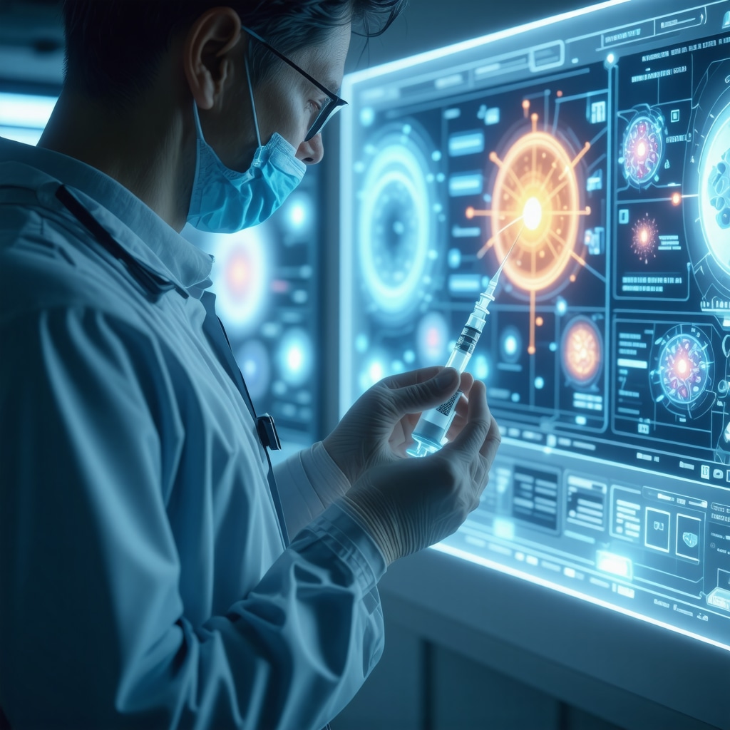 Healthcare professional using a high-tech semaglutide auto-injector with digital display and visual graphs representing circadian and microbiota interactions