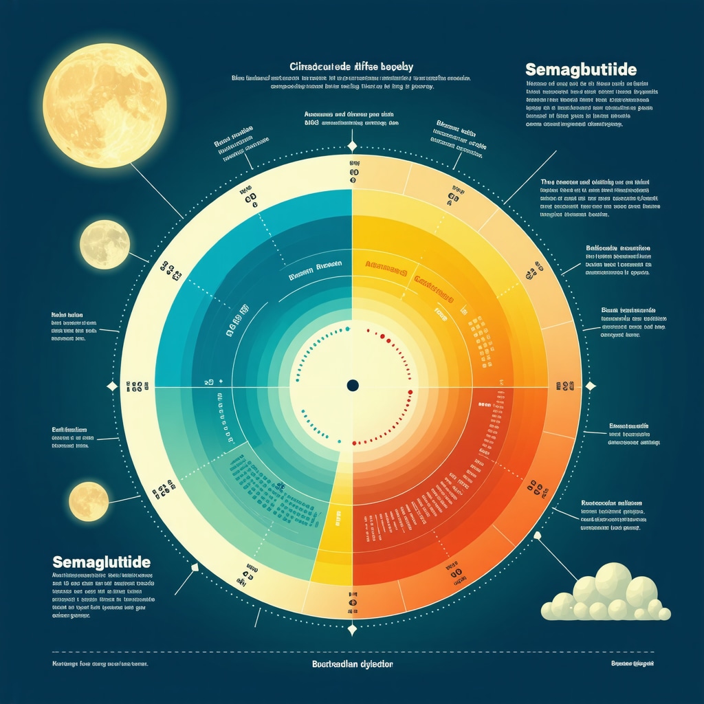 Infographic displaying circadian rhythm phases aligned with optimal Semaglutide injection timing and metabolic effects