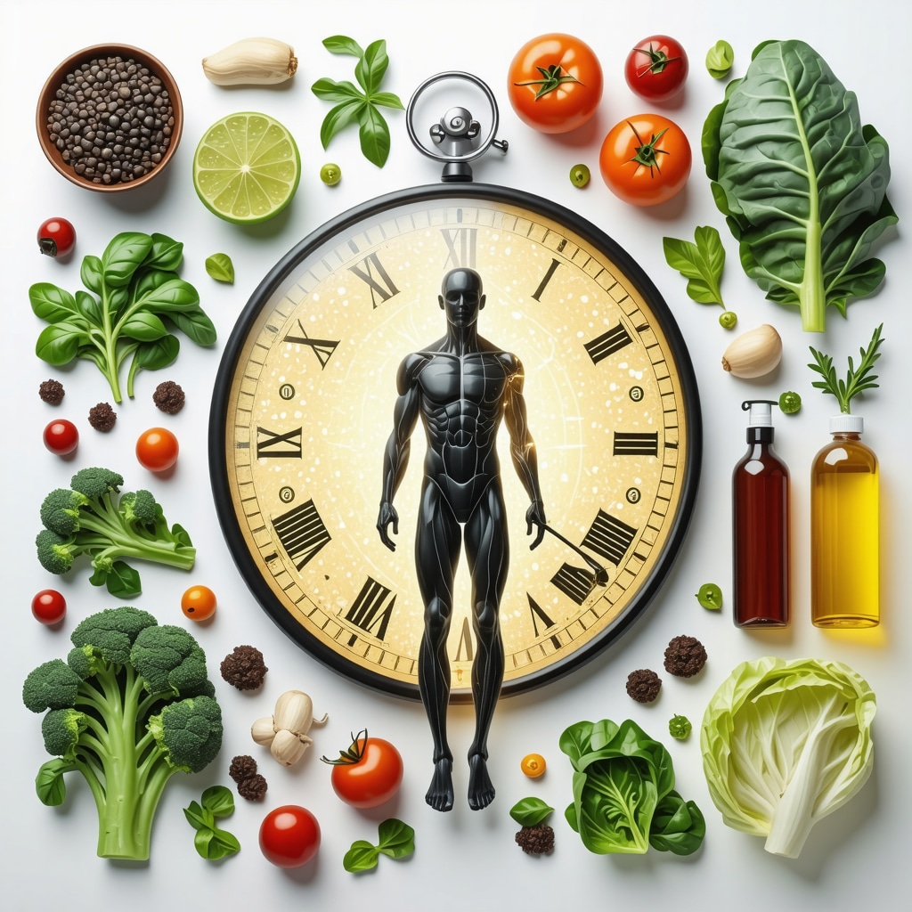 Human silhouette with circadian clock and healthy foods representing advanced semaglutide diet strategies