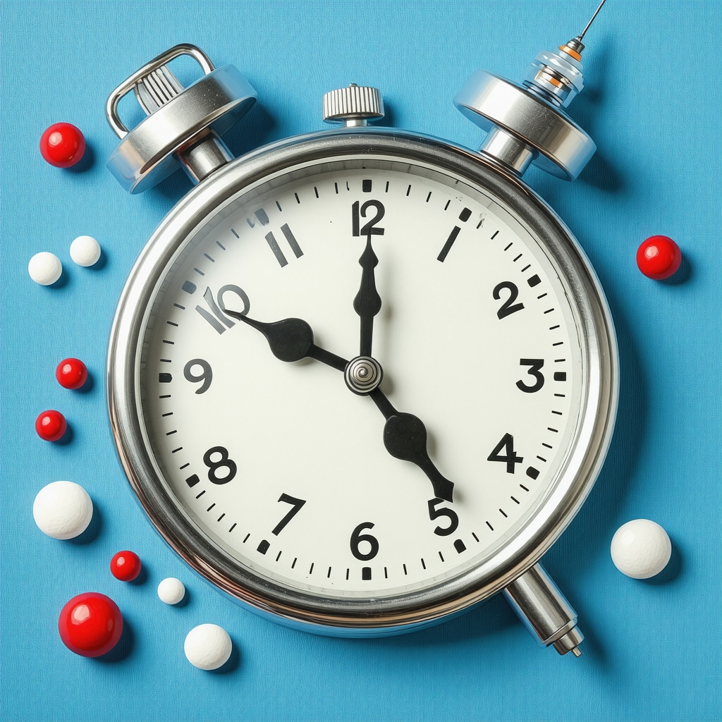 Clock and syringe with fat cells illustrating optimal Semaglutide injection timing