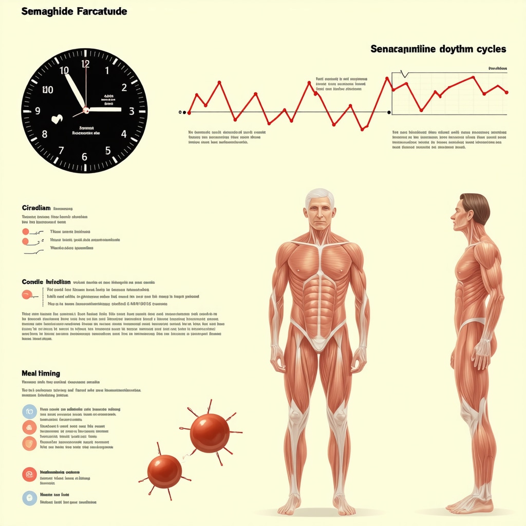 Infographic depicting the interplay between semaglutide administration, circadian rhythms, and optimized fat burning
