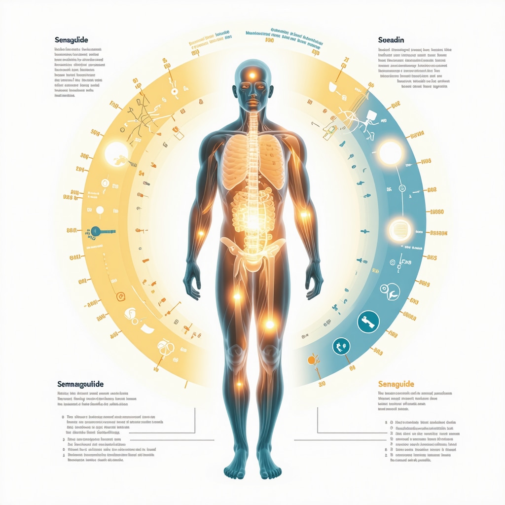 Human silhouette with circadian rhythm cycles and semaglutide injection timing visualization