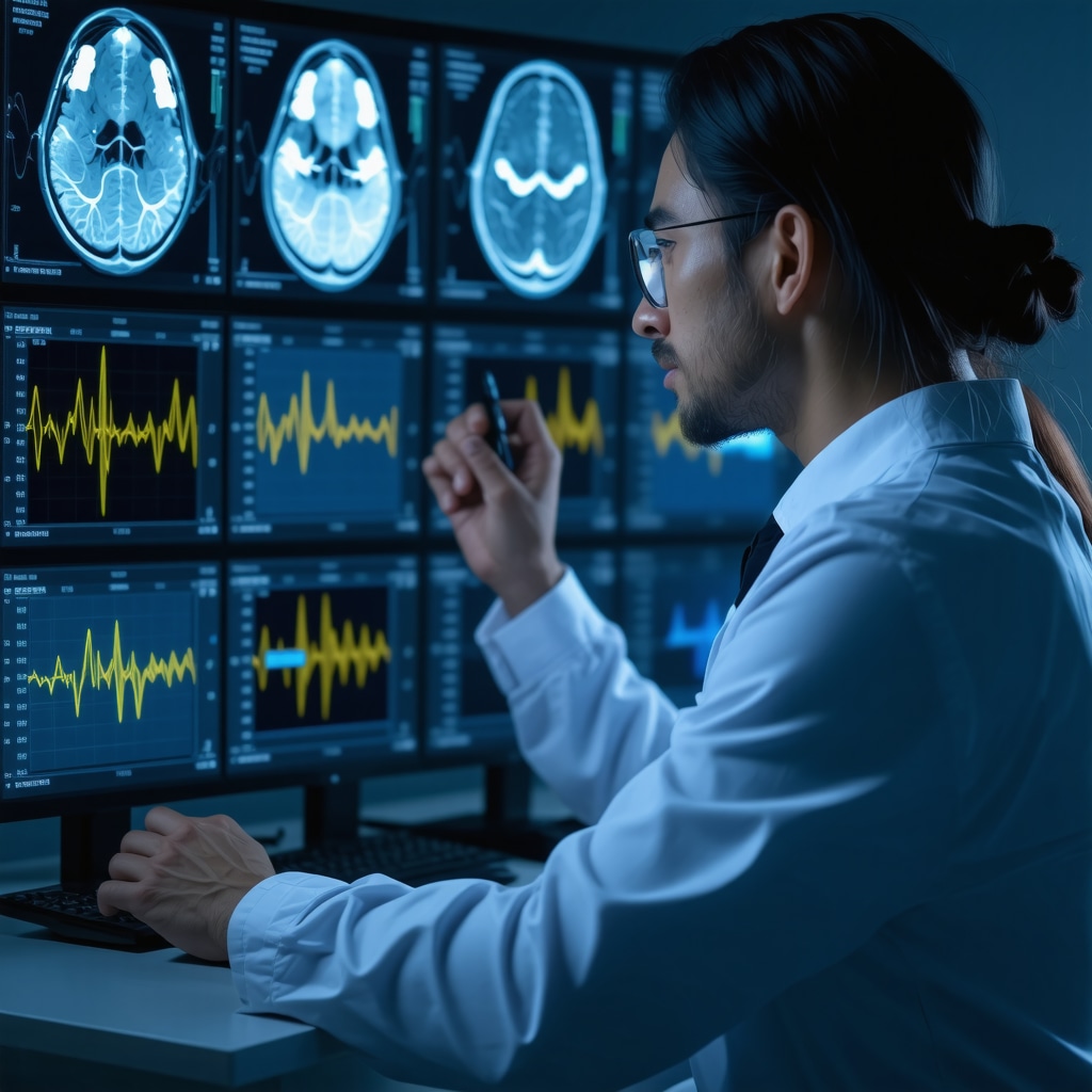 Medical expert analyzing metabolic monitoring and brain imaging data for semaglutide and intermittent fasting synergy