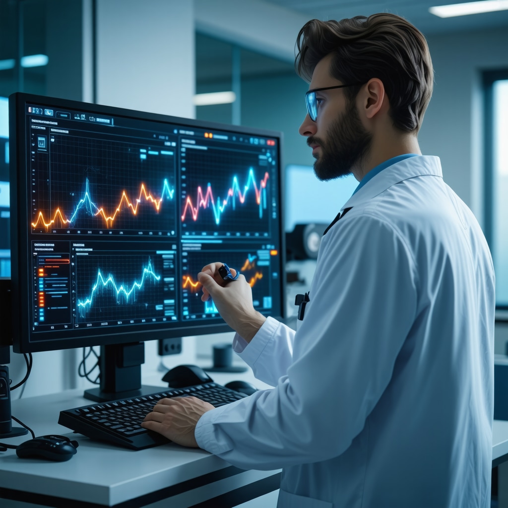 Doctor reviewing pharmacogenomic data and AI analytics for semaglutide dose optimization