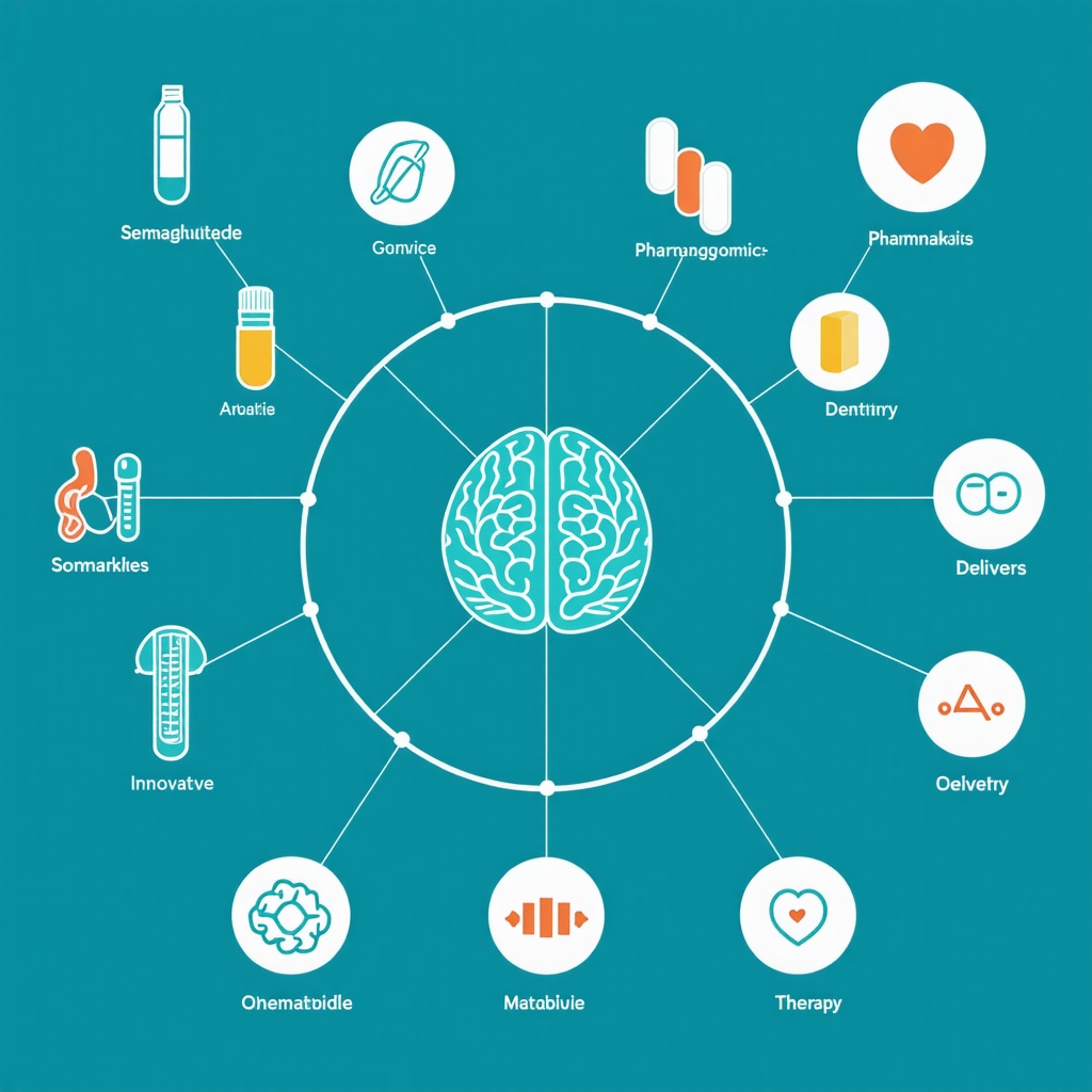 Infographic showing genetic, metabolic, and neuropsychological factors integrated into personalized Semaglutide obesity treatment