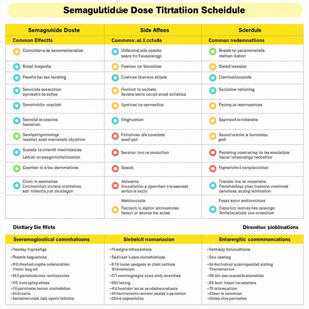 Infographic illustrating semaglutide dose escalation, side effects management, diet tips, and combined drug therapies for weight loss