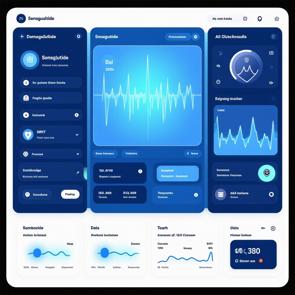 A digital interface showing semaglutide dosage, patient vitals, and AI analytics for optimized weight loss therapy