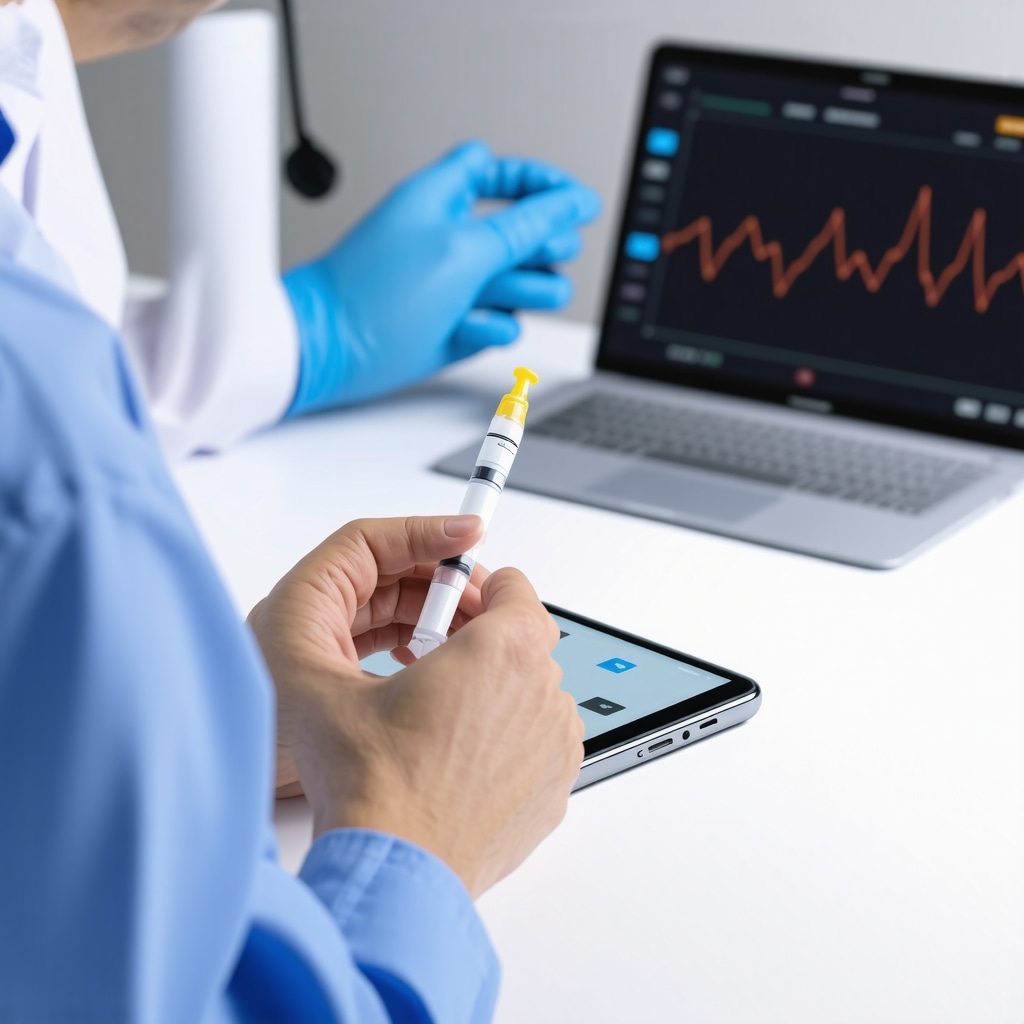 Patient administering semaglutide injection with smart pen and real-time monitoring on smartphone