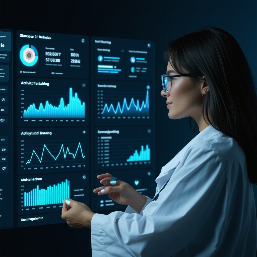 Futuristic digital dashboard with glucose monitoring and activity tracking for semaglutide patient
