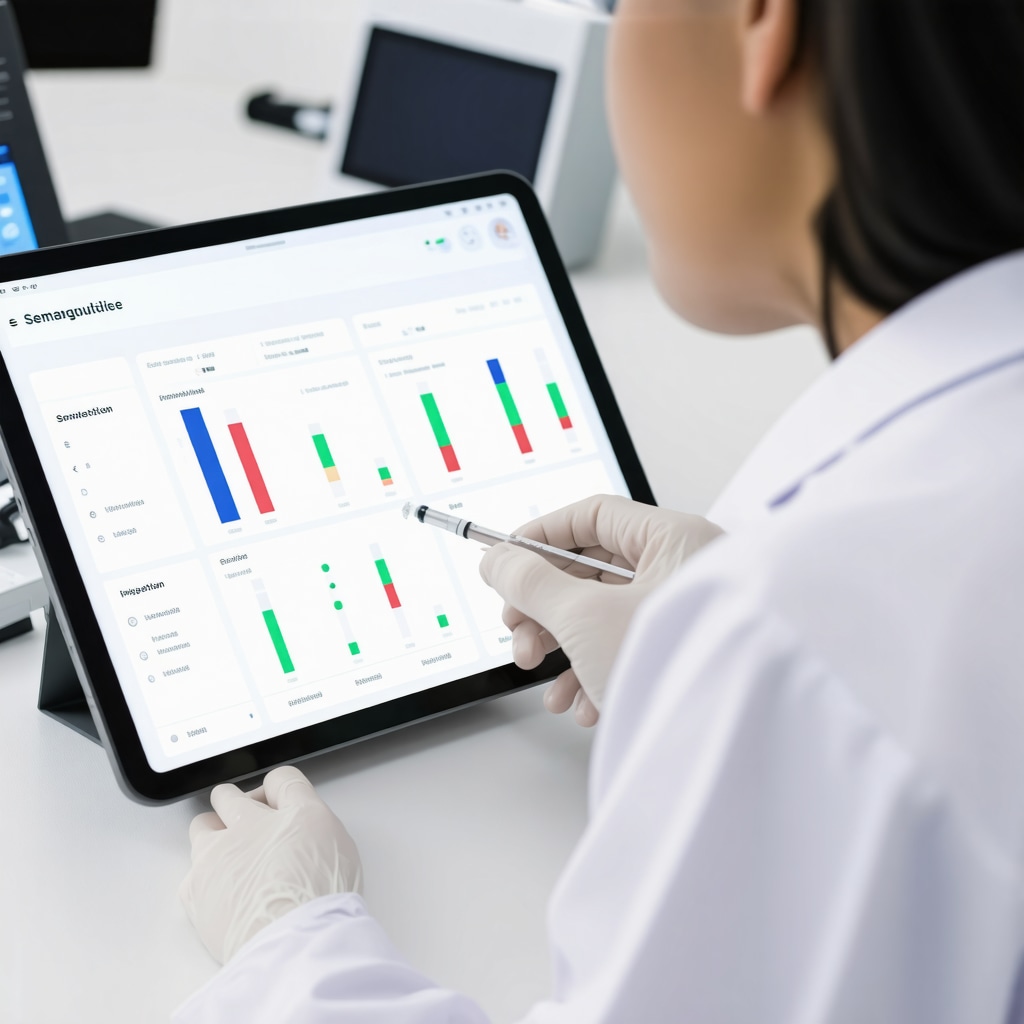 Medical professional reviewing glucose and injection data on tablet for semaglutide therapy optimization